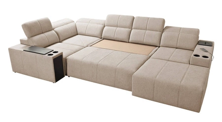 Rohová pohovka s funkcí spaní Tesalia IV Lux béžová pravostranná stylová rohová pohovka s výsuvnou opěrkou nohou a posuvnou funkcí opěradla