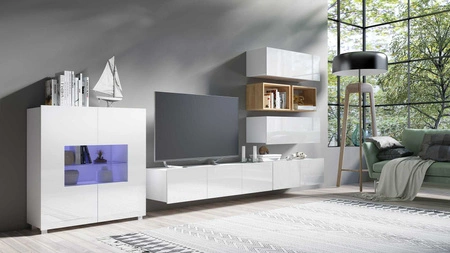 Nábytek Apulia XXVIII bílý lesk / zlatý dub výjimečně stylová nástěnná skříňka jednoduché jednotky hodící se do každého interiéru