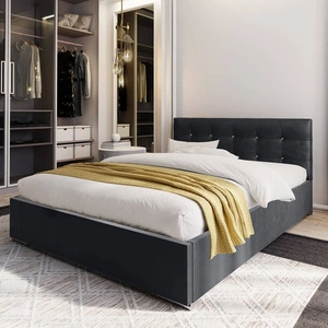 Čalouněná postel Mona 180x200 v grafitové barvě s kontejnerem v moderním skandinávském stylu s prošívaným podhlavníkem s krystaly