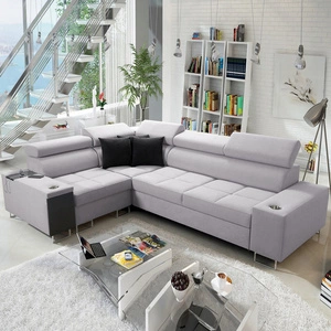 Rohová sedací souprava s funkcí spaní Dafni II šedý jasan levá proplétaná rohová sedací souprava se zásuvkou na lůžkoviny v boční části nábytku