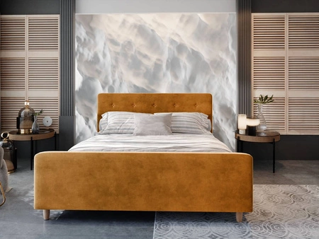 Čalouněná postel Isara 180x200 hořčice s kontejnerem v moderním skandinávském stylu s výrazným čelem a podnožkou