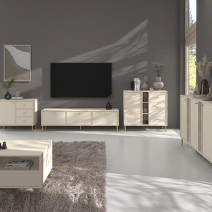 Nábytková sestava do obývacího pokoje Kioto II béžová stylový design elegantní nábytek podepřený kovovými zlatými nohami decentní úchyty