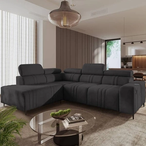 Rohová pohovka s funkcí spaní Castel VII grafitová levá stylová rohová pohovka s úložným prostorem na lůžkoviny a nastavitelnými opěrkami hlavy