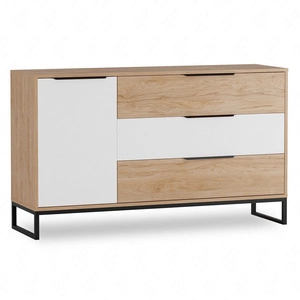 Komoda se zásuvkami Imola 135 cm dub hickory / bílá funkční ideální pro interiéry v industriálním a loftovém stylu stabilní kovová základna