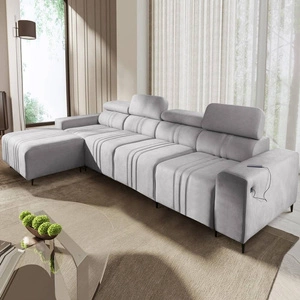 Rohová sedací souprava s funkcí spaní Castel XII šedý jasan levá strana stylová a pohodlná rohová sedací souprava do obývacího pokoje funkční nastavitelné opěrky hlavy