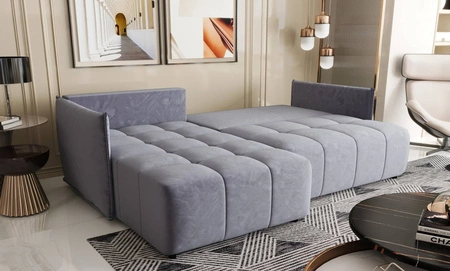 Rozkládací pohovka Oroso modrá levá měkká sametová tkanina s hydrofobním povlakem nádoba na lůžkoviny