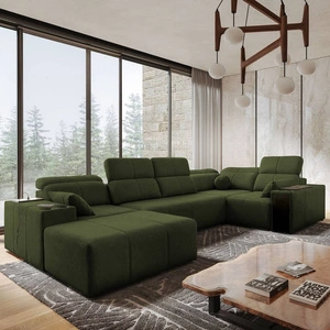Rohová sedací souprava s funkcí spaní Tesalia IV zelená levá pohodlná rohová sedací souprava do obývacího pokoje s inovativní funkcí posuvného opěradla