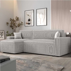 Rohová sedací souprava s funkcí spaní Brandon Bis levá slonová kost trojrozměrná tkanina s výraznými pruhy nádoba na lůžkoviny