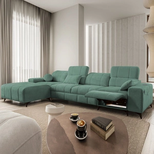 Rohová pohovka s funkcí spaní Penejos XII Lux zelená levostranná stylová rohová pohovka s pohodlnou výsuvnou podnožkou