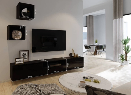 Mistra černá / lesklá černá univerzální a stylová nástěnná skříňka do obývacího pokoje minimalistický design v moderním prostředí