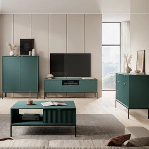 Nábytková sestava Lovro pastelově zelená moderní designová nástěnná skříňka do obývacího pokoje nebo zasedací místnosti