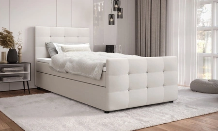 Béžová kontinentální postel Kansas 90x200 v moderním skandinávském stylu s čalouněným čelem a podnožkou