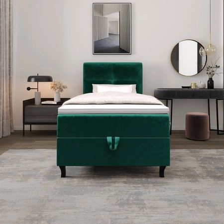 Kontinentální postel Melba 120x200 lahvově zelená v moderním skandinávském stylu s čalouněným čelem postele s úložným boxem