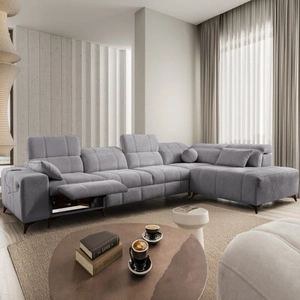 Rohová rozkládací pohovka s funkcí spaní Penejos XI Lux světle šedá pravá stylová rohová rozkládací pohovka s pohodlnou výsuvnou opěrkou nohou