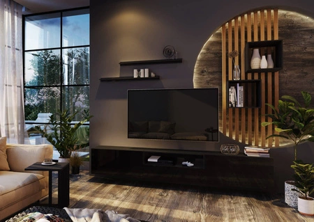 Metoni černá / lesklá černá univerzální a stylová nástěnná skříňka do obývacího pokoje minimalistický design v moderním prostředí