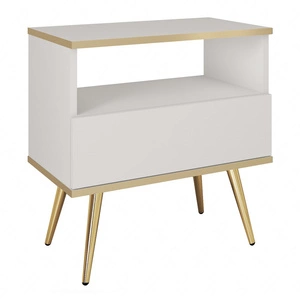 Luxusní bílý noční stolek se zásuvkou elegantní design skříňka doplněná zlatým lemováním skříňka stojí na vysokých kovových nožkách