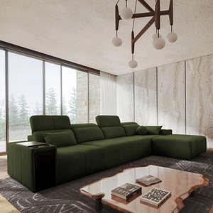 Rohová sedací souprava s funkcí spaní Tesalia XII zelená pravá strana moderní design pohodlné posuvné opěradlo zásuvka v boku nábytku