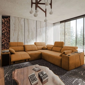 Rohová sedací souprava s funkcí spaní Tesalia III Lux medová levá pohodlná rohová sedací souprava s výsuvnou podnožkou a posuvnou funkcí opěradla