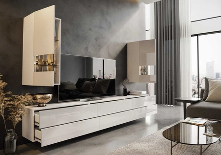 Nástěnná skříňka Pirgos bílá / bílý lesk Minimalistický design nástěnné skříňky pro obývací pokoj nebo zasedací místnost Systém push to open