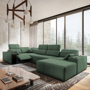 Rohová sedací souprava s funkcí spaní Tesalia IV Lux mint pravostranná stylová rohová sedací souprava s výsuvnou opěrkou nohou a posuvnou funkcí opěradla