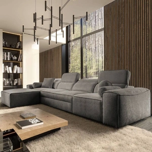 Rohová sedací souprava s funkcí spaní Viano XII šedá levostranná stylová rohová sedací souprava se zajímavým tvarem nastavitelné opěrky hlavy dekorativní polštáře
