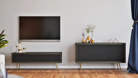 Nábytková sestava Nevea black graphite elegantní nábytek do obývacího pokoje s výraznými barvami bezúchytkové skříňky obohacené designovým lemováním