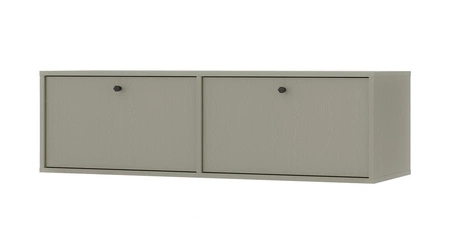 RTV skříň Kioto IV 121 cm eukaliptus elegantní skříň s dvířky otevíranými dolů tlumené barvy černé kovové úchytky