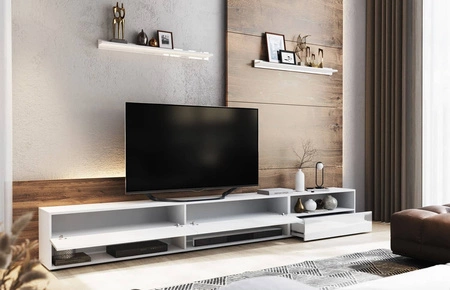 Lawrio 266 cm bílá / bílý lesk RTV skříňka se závěsem a policemi stylový design, který se hodí do každého interiéru