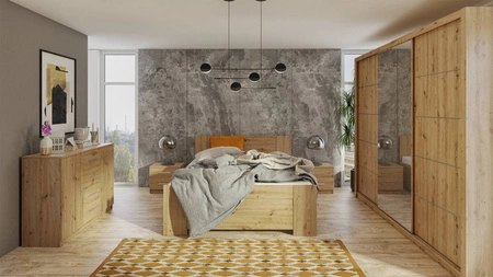 Zrcadlová posuvná skříň Rico 250 cm dub artisan prostorná skříň do ložnice, šatny nebo předsíně klasický tvar s geometrickými tvary