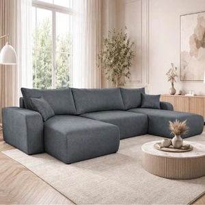 Rohová sedací souprava s funkcí spaní Fiesta U tmavě šedá rohová sedací souprava zajímavého tvaru s látkou s plyšovým povrchem nádoby na lůžkoviny