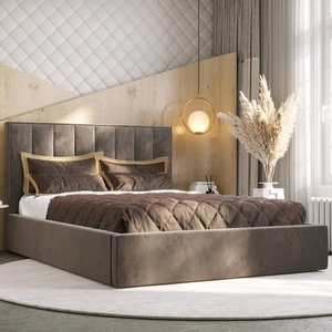 Čalouněná postel Rinus 140x200 s úložným prostorem světle hnědá v moderním skandinávském stylu s pohodlným čelem