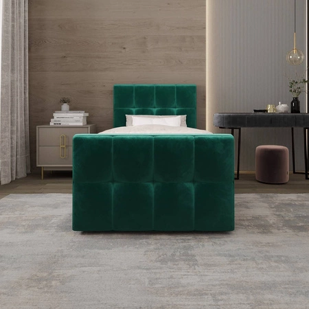 Kontinentální postel Manhattan 100x200 lahvově zelená v moderním skandinávském stylu s čalouněným čelem a nohou postele s úložným boxem