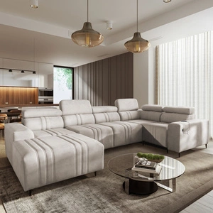 Rohová pohovka s funkcí spaní Castel IV béžová levá stylová rohová pohovka s kontejnery na lůžkoviny a nastavitelnými opěrkami hlavy