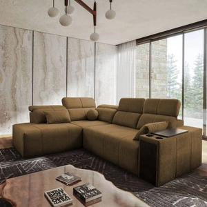Rohová sedací souprava s funkcí spaní Tesalia VII hnědá levá moderní design pohodlný posuvný opěrák zásuvka v boku nábytku