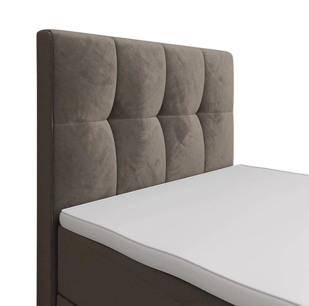 Kontinentální postel Manhattan 90x200 světle hnědá v moderním skandinávském stylu s čalouněným čelem a nohou postele s úložným boxem