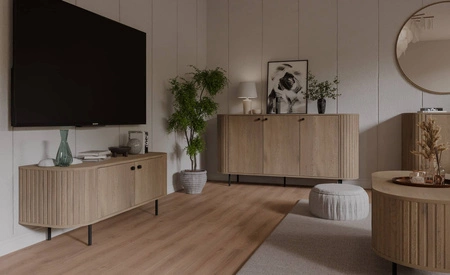 Komoda Ovalio 165 cm dub cremona minimalistický tvar komody do obývacího pokoje stylový oválný tvar ozdobné frézování na korpusu