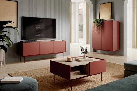 Nábytková sestava Vellore cihlově červená elegantní závěsná skříňka s originálním designem decentně snížené desky jsou ozdobou nábytku