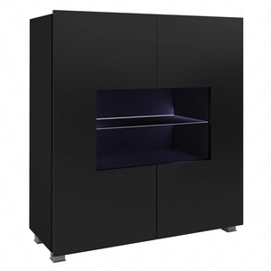 Komoda Apulia 100 cm se skleněnou přední stěnou lesklá černá minimalistický design stylová komoda do obývacího pokoje jednoduchý tvar hodící se do každého interiéru