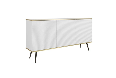 Luxusní komoda 160 cm bílá elegantní design stylová drážkovaná čela korpus komody doplněný zlatým lemováním černé kovové nohy