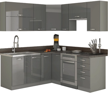 Sestava rohového kuchyňského nábytku Grey 170x190 cm lesklá čela jedinečný styl skříněk se hodí do interiéru každé kuchyně