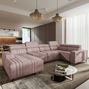 Rohová pohovka s funkcí spaní Castel IV růžová levá stylová rohová pohovka s kontejnery na lůžkoviny a nastavitelnými opěrkami hlavy