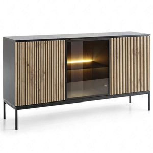 Komoda Amma 154 cm černá / dub wotan netradiční design prosklené čelo se systémem push to open ozdobné lišty