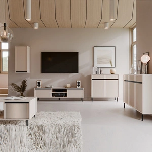 Nábytková sestava Osaka béžová / černá moderní design zvýrazněný módními barvami vysoké kovové černé nohy vkusné rýhované čelo