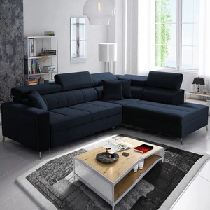 Rohová pohovka Nausa III s funkcí spaní tmavě modrá sametová pravá stylová pohodlná rohová pohovka nastavitelné opěrky hlavy kontejner na lůžkoviny