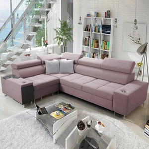 Rohová sedací souprava s funkcí spaní Dafni II levandulově růžová levostranná proplétaná rohová sedací souprava se zásuvkou na lůžkoviny v boční části nábytku