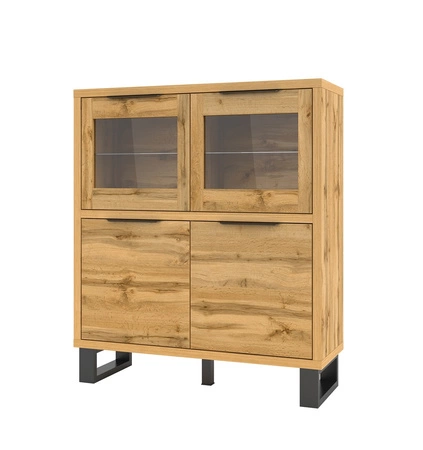 Komoda Halle 120 cm dub wotan funkční ideální do interiérů v loftovém stylu vysoká komoda se sklem na kovovém podstavci