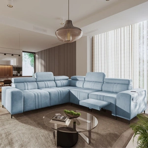 Rohová sedačka s funkcí spaní Castel III Lux modrá pravá extrémně pohodlná rohová sedačka do obývacího pokoje s výsuvnou opěrkou nohou