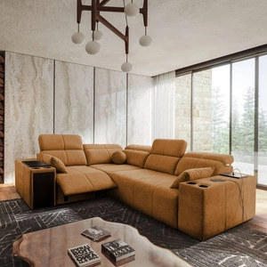 Rohová pohovka s funkcí spaní Tesalia II Lux medová levá pohodlná rohová pohovka s posuvným opěradlem a výsuvnou podnožkou
