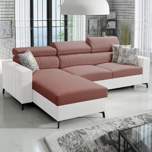 Rohová pohovka s funkcí spaní Savona Indian pink / white levá elegantní rohová pohovka s nastavitelnými opěrkami hlavy dekorativní prošívání