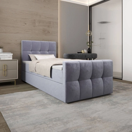 Modrá kontinentální postel Manhattan 100x200 v moderním skandinávském stylu s čalouněným čelem a nohou postele s úložným boxem